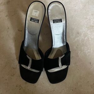 Stuart Weitzman Black Mules with Silver Buckle